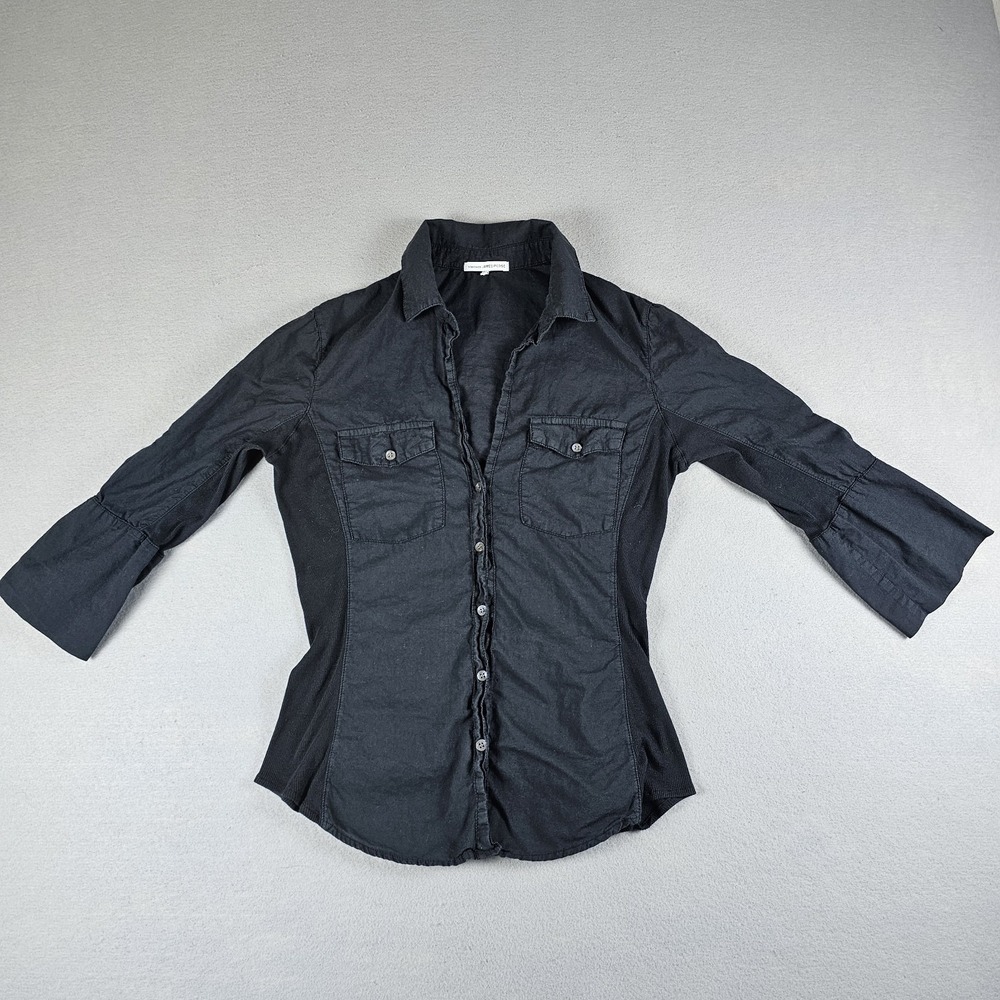James Perse Button Up Shirt Womens Medium 2 Black 3/4 Sleeve Slub Side Panel